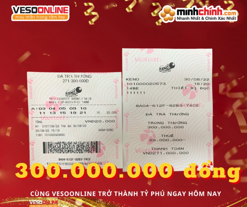 Chiếc vé KENO bậc 10 ẵm trọn 300 triệu